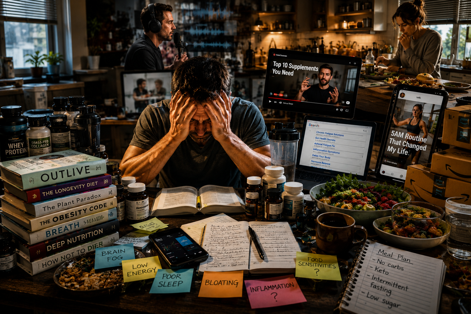 Someone overwhelmed by conflicting health advice, surrounded by books, supplements, and devices