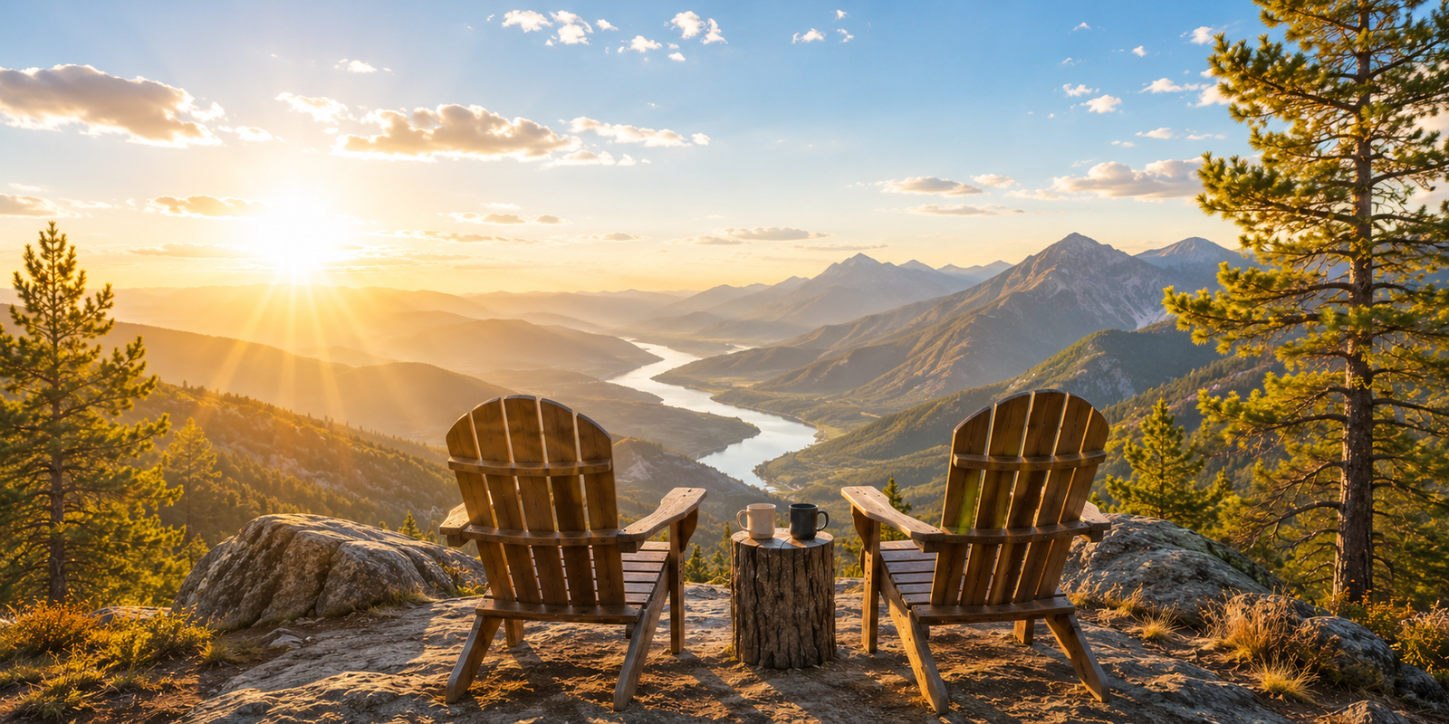 Two chairs overlooking a mountain view at sunrise