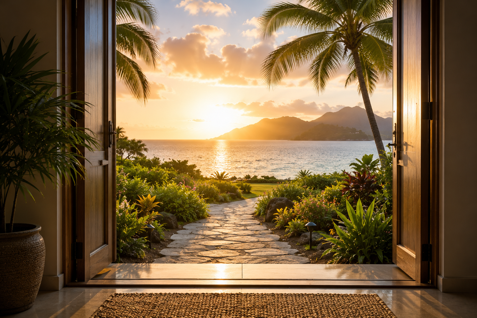 An open door leading to a garden path toward the ocean at sunset