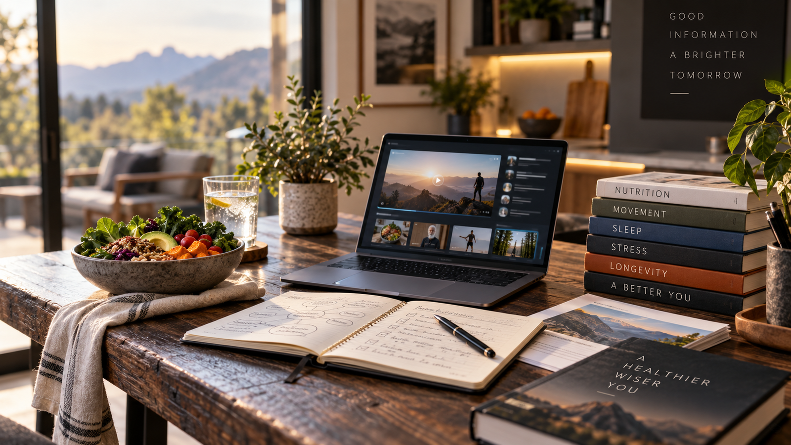 A table with a video library on screen, a notebook and a stack of books on nutrition, movement, sleep, stress and longevity