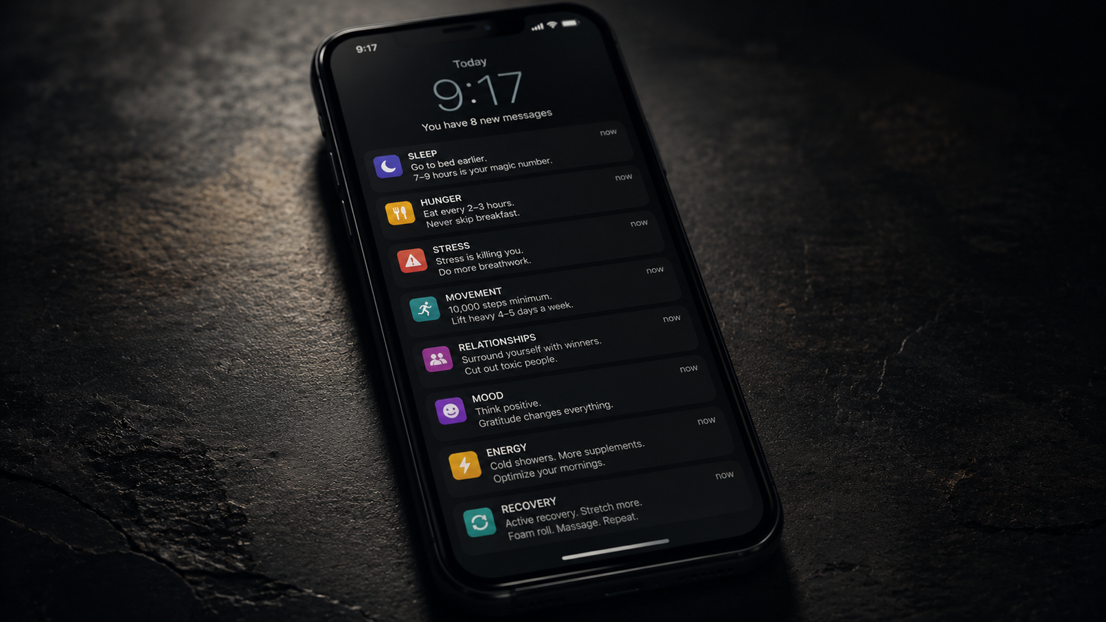 A phone screen showing eight notifications from Sleep, Hunger, Stress, Movement, Relationships, Mood, Energy and Recovery.