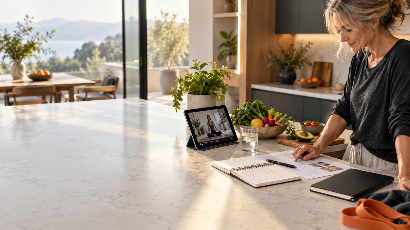 A kitchen counter with a tablet, notebook, journal and fresh food