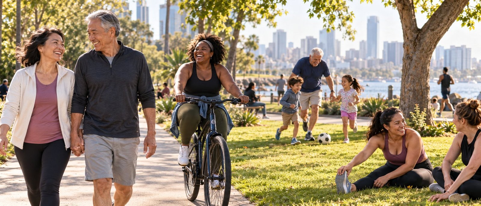 People of different ages enjoying an active morning in the park