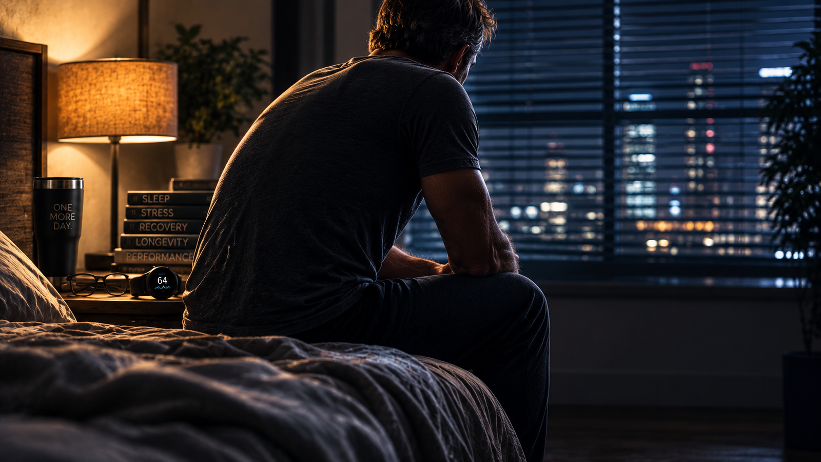 Man sitting on the edge of his bed awake at night with city lights outside.