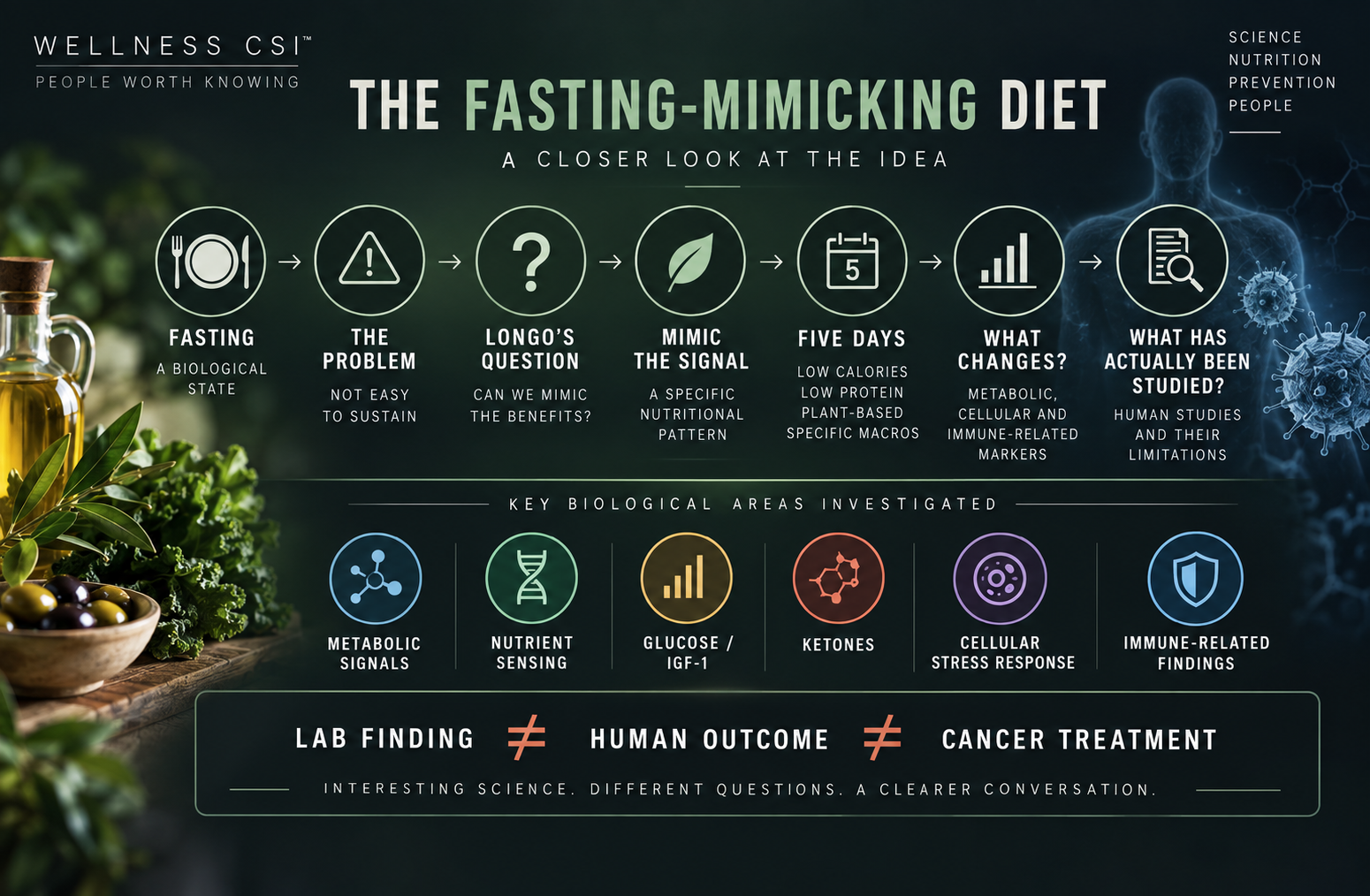 The Fasting-Mimicking Diet — a closer look at the idea: fasting, the problem, Longo’s question, mimic the signal, five days, what changes, what has actually been studied. Lab finding does not equal human outcome does not equal cancer treatment.