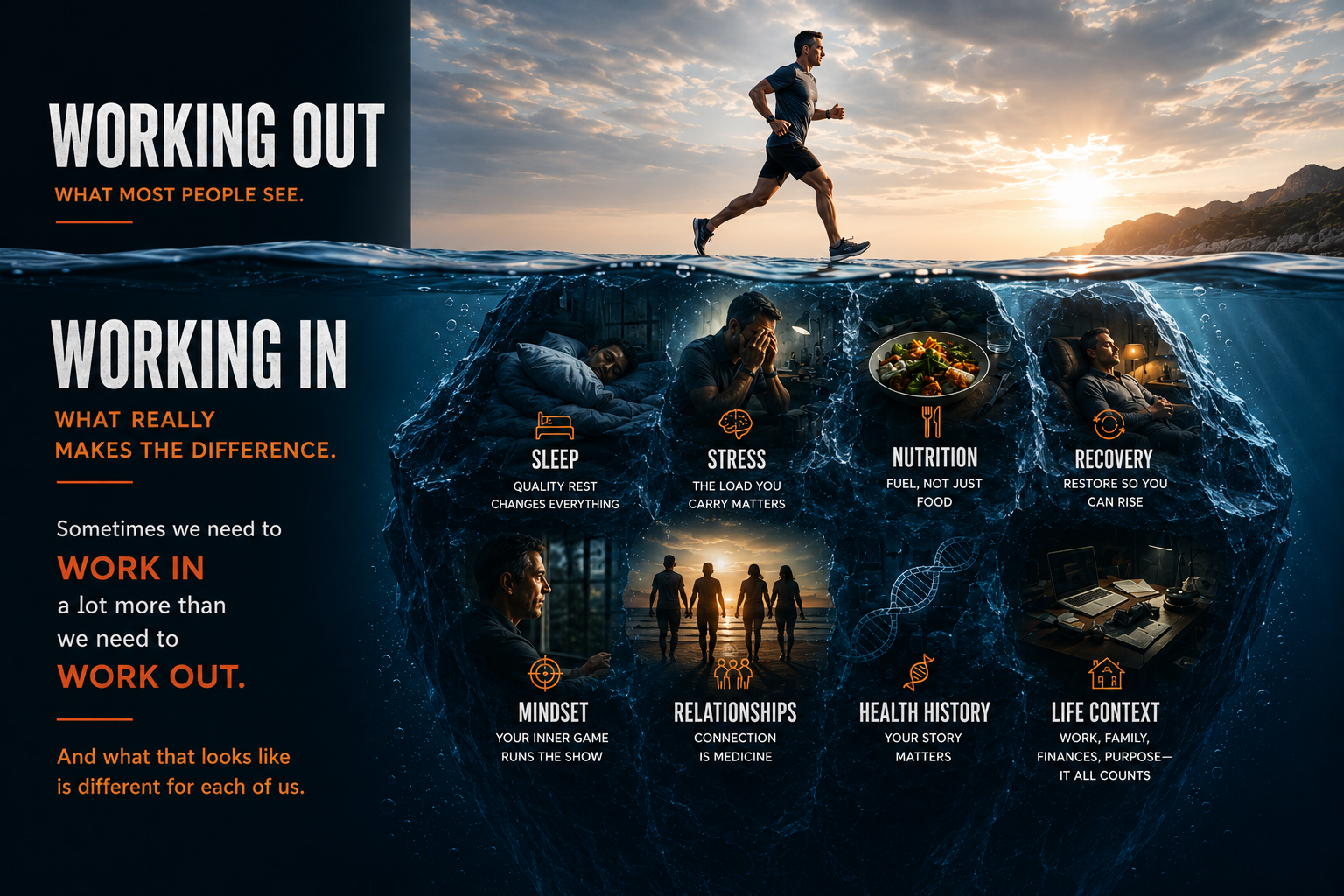 Work out is what most people see. Work in is what really makes the difference: sleep, stress, nutrition, recovery, mindset, relationships, health history and life context.